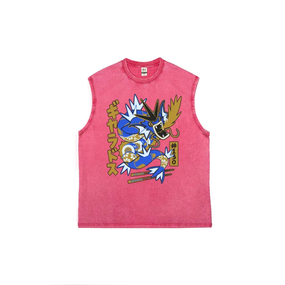 Japanese Text Blue Dragon Creature Unisex Plus Size Summer Graphic Tees Personalized Pattern Y2k Clothing Round Neck Sleeveless Washed Vests,Women's Clothing 100% Cotton, Menswear, Top, Vintage Style, Casual Oversized