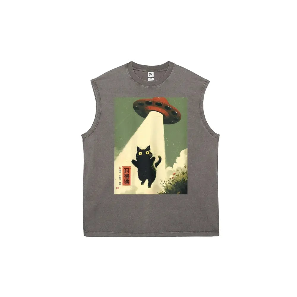 UFO Abducting Black Cat Retro Poster Style Unisex Plus Size Summer Sleeveless Vests Personalized Pattern Y2k Clothing Round Neck Washed Vests,Women's Clothing 100% Cotton, Menswear, Top, Vintage Style, Casual Oversized