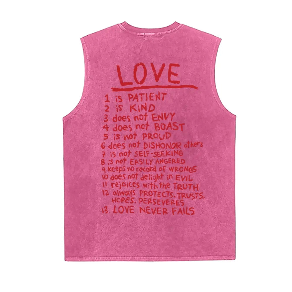 Men's 1 Corinthians 13 "Love Never Fails" Retro 90s Graphic Tank Top - High GSM Cotton, Garment Washed, Broken-In Softness, Sleeveless Vest, Textured Fade, Round Neck, Loose Fit, Distressed Drape, Retro Vibe, Modern Edge, Streetwear Use