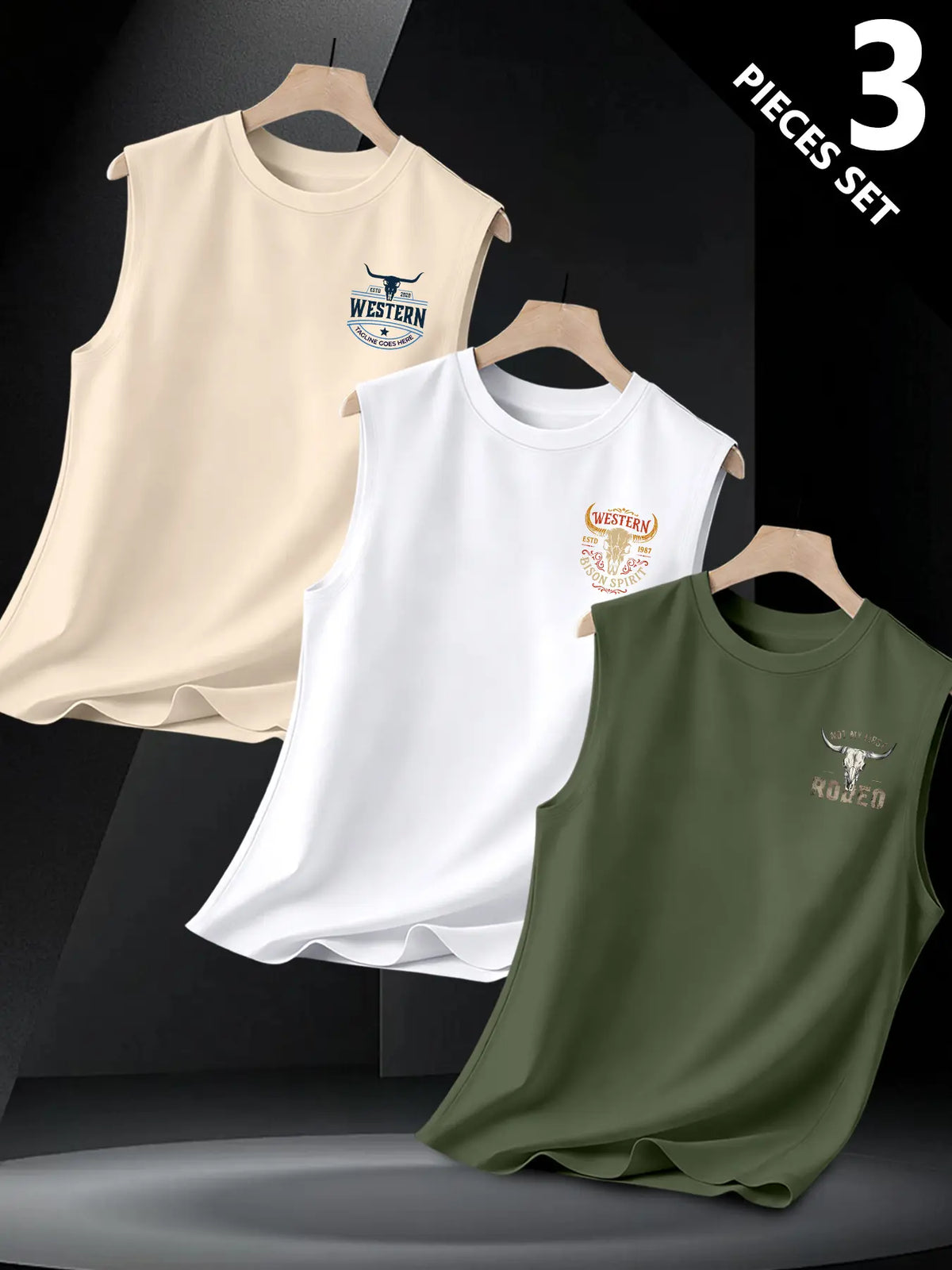 3-Pack Texas Western Cowboy Print Sleeveless Vest, Vintage Bull Head Design, Comfortable Sporty Top, Daily Wear, Unique Style, Tank Vest