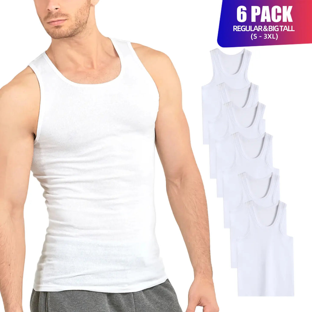 Men's 6-Pack 100% Cotton Ribbed Tank Tops, Breathable Sleeveless Underwear Undershirts, Solid Classic Casual Menswear for Workout, S-3XL Regular & Big & Tall Sizes