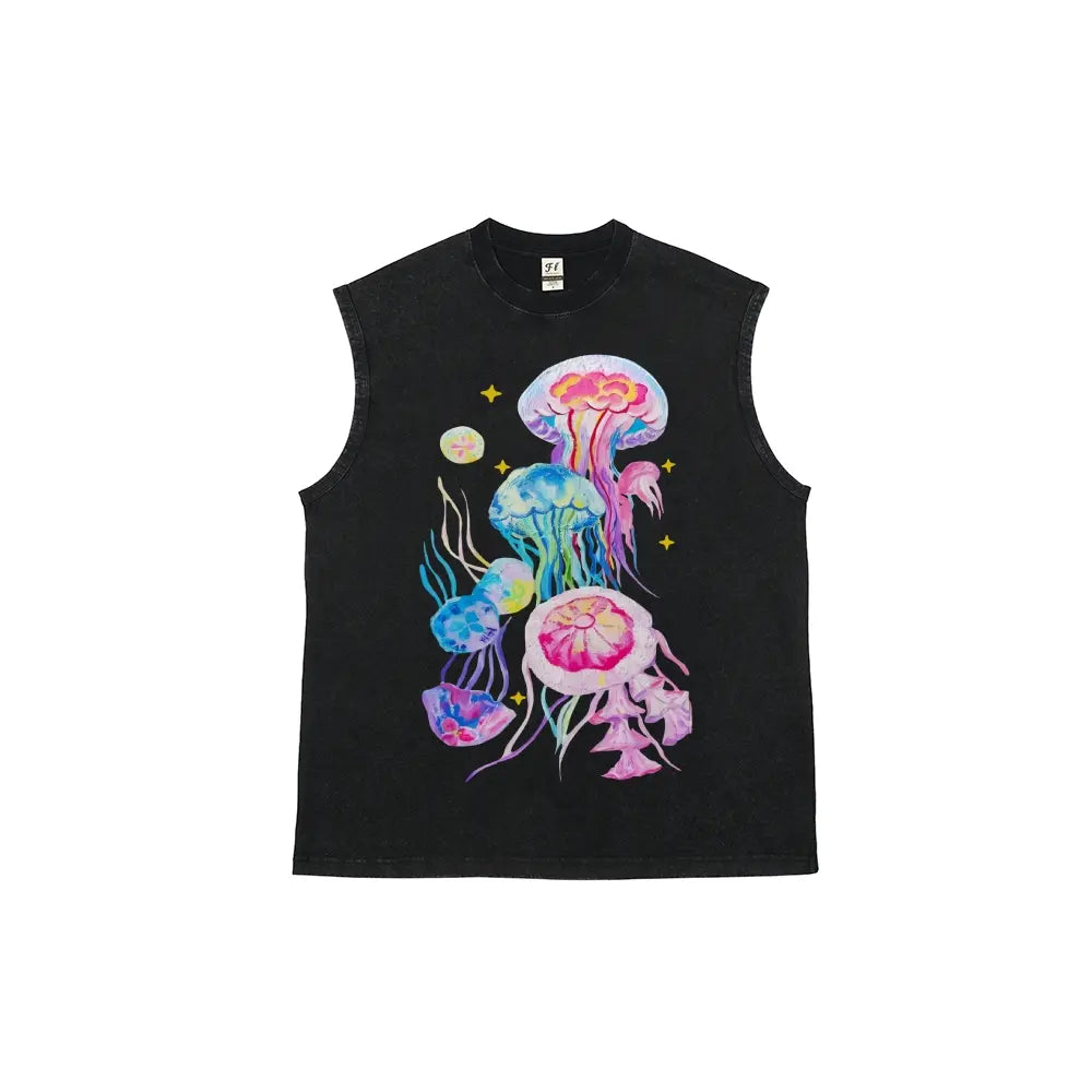 Men's Retro Streetwear Vintage Washed Cotton Fabric Tank Top - Breathable Sleeveless Cargo Graphic Vest with Colorful Watercolor Jellyfish & Stars Print