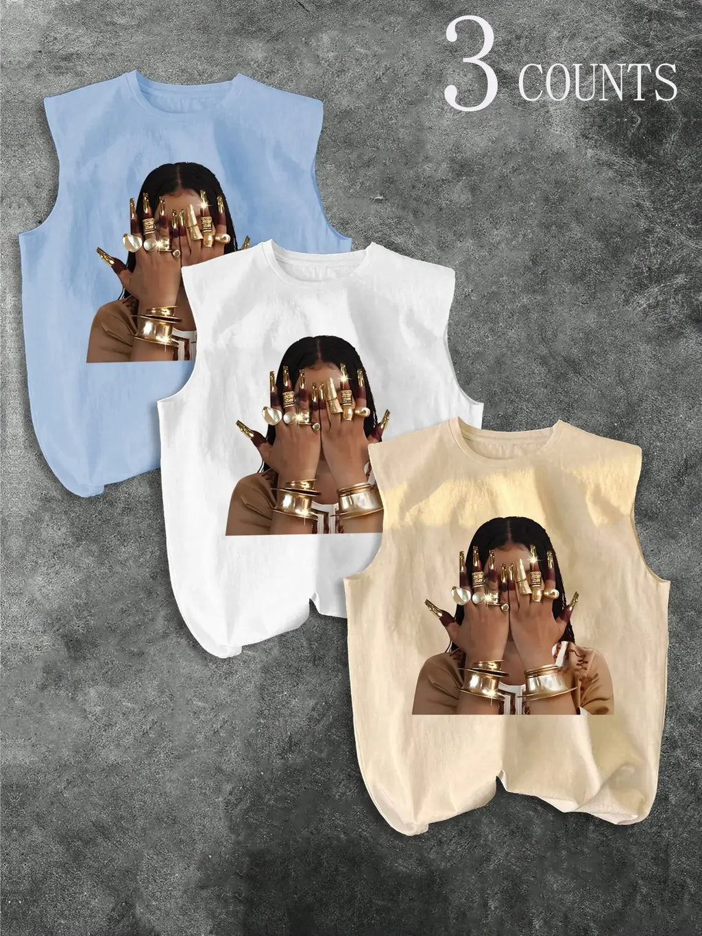 Men's Three-Piece Trendy Casual Oversized Loose Sleeveless Vest Set, Face-Wiping Woman Graphic Print, Perfect for Summer Clothes, Vacation, Friend Gatherings