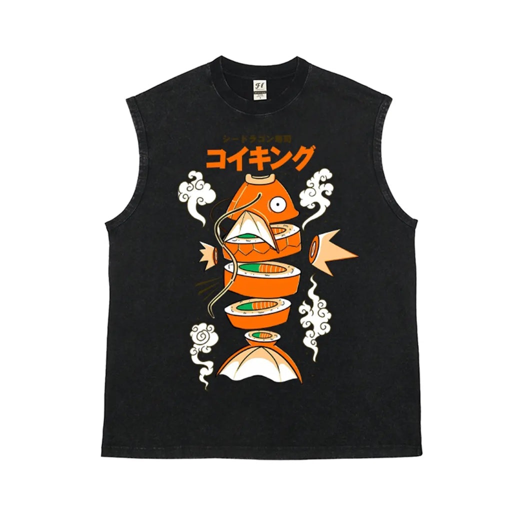 Men's Vintage Graphic Tank Top with Japanese Sushi Print - Distressed 100% Cotton Streetwear, Loose Fit & Breathable Fabric