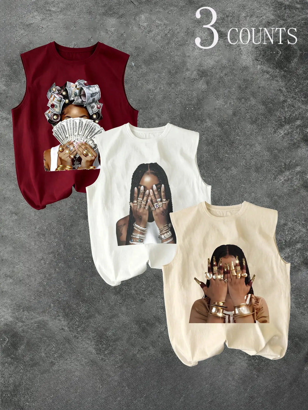 Men's Three-Piece Trendy Casual Oversized Loose Sleeveless Vest Set, Face-Wiping Woman Graphic Print, Perfect for Summer Clothes, Vacation, Friend Gatherings