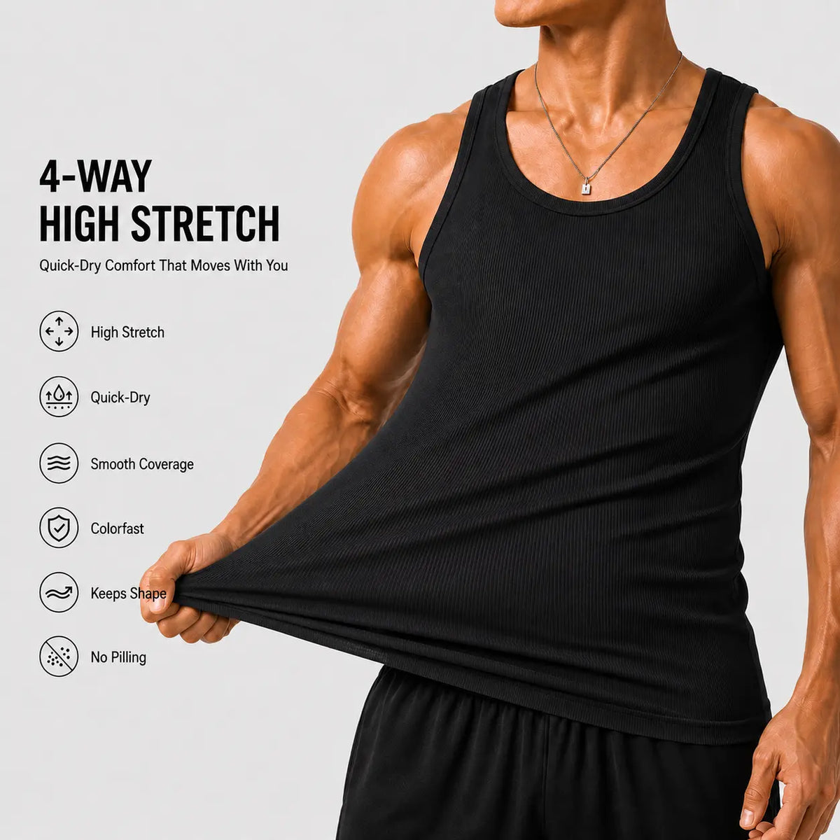 Summer men’s 2-pack anti-crease, no-bulge, high-stretch sleeveless U-neck tank tops—colorfast, wear-resistant, non-pilling, shape-stable—suitable for everyday, indoor, and sports casual wear.