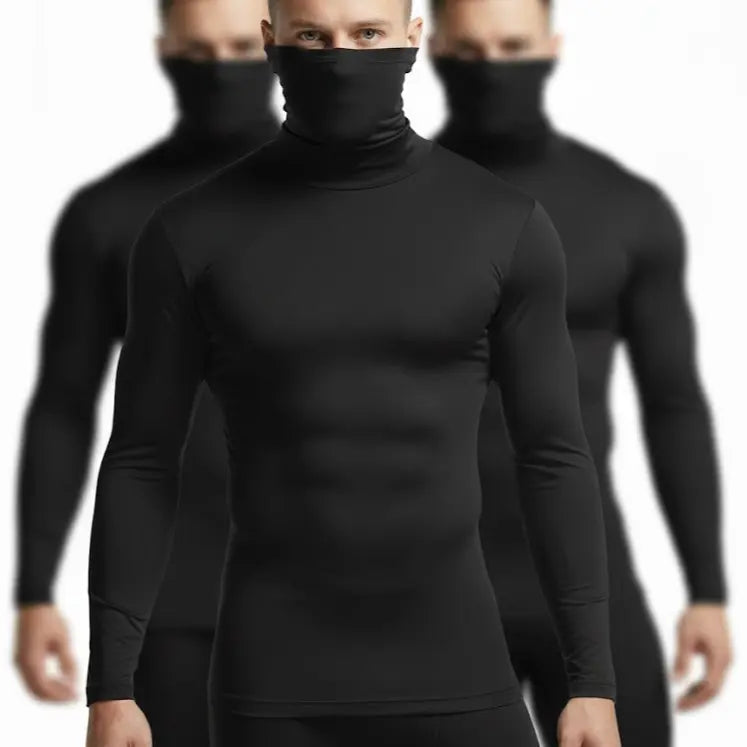 High Level HL Men's High-Neck Thermal Compression Long-Sleeve Plain T-Shirt with Face Cover Option - All-Season Athletic Fitted Activewear (Black, Grey, White, Navy)