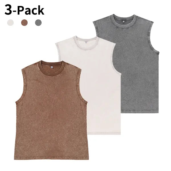 3-Pack Vintage Acid Wash Tank Tops - Heavyweight Cotton Sleeveless Streetwear T-Shirts, Unisex