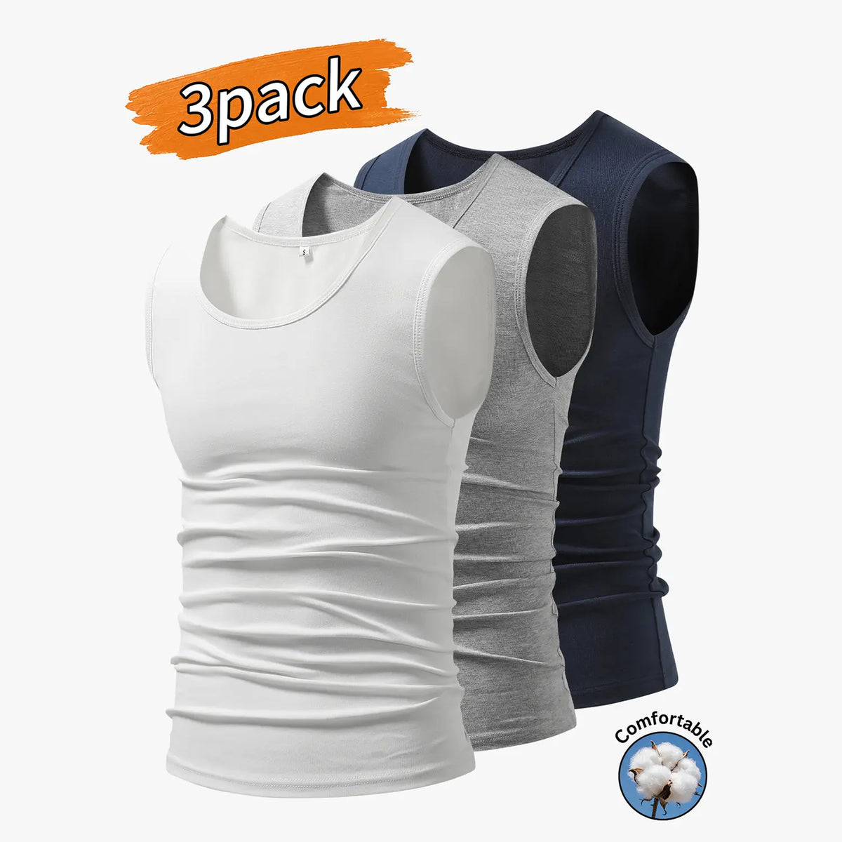 3-Pack Men’s Tank Tops, Men’s Sleeveless T-Shirts, Men’s Cotton Tank Tops Crew neck, simple design; soft, stretchy fabric that feels gentle against the skin and is breathable when worn. Suitable for everyday layering, home wear/sleeping, and workouts/runn