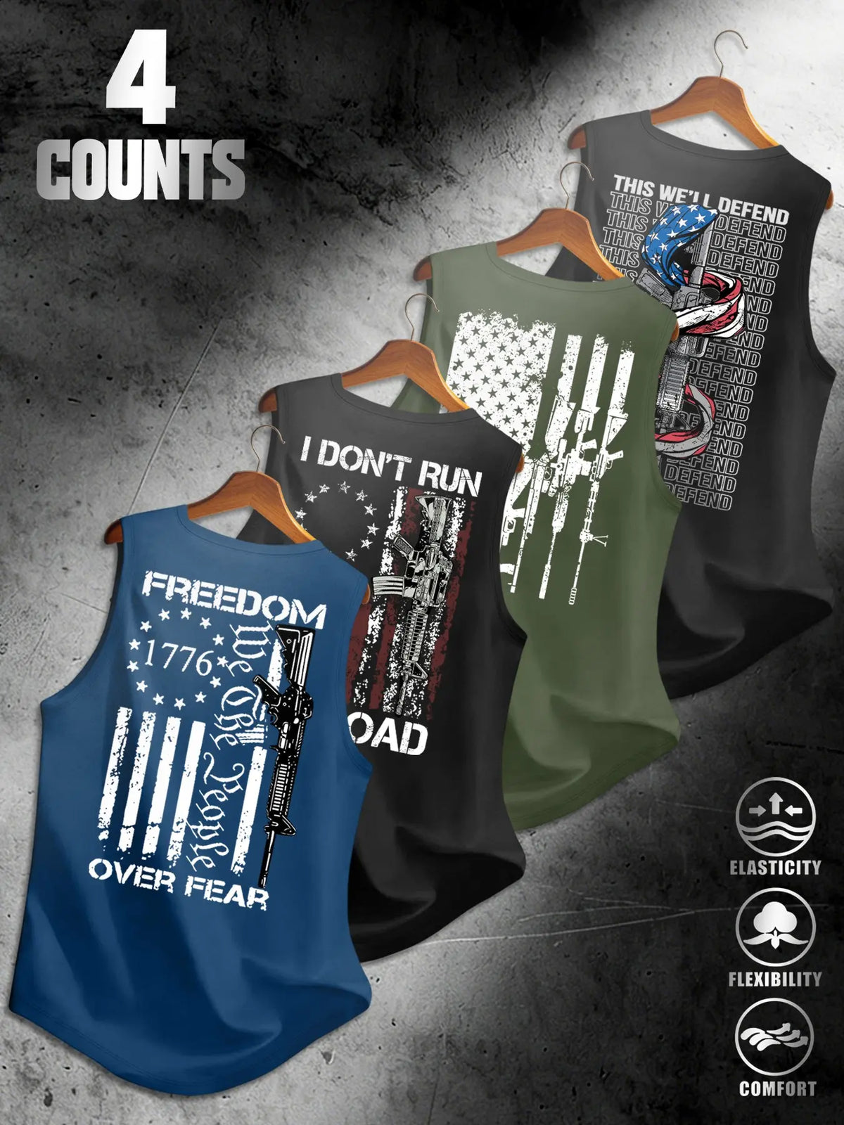 American Flag Print Men's Sleeveless Vest 4-Pack, Breathable Stretchy Fabric, Sporty Fitted, Comfortable for Daily Streetwear, Graphic Sleeveless Shirts