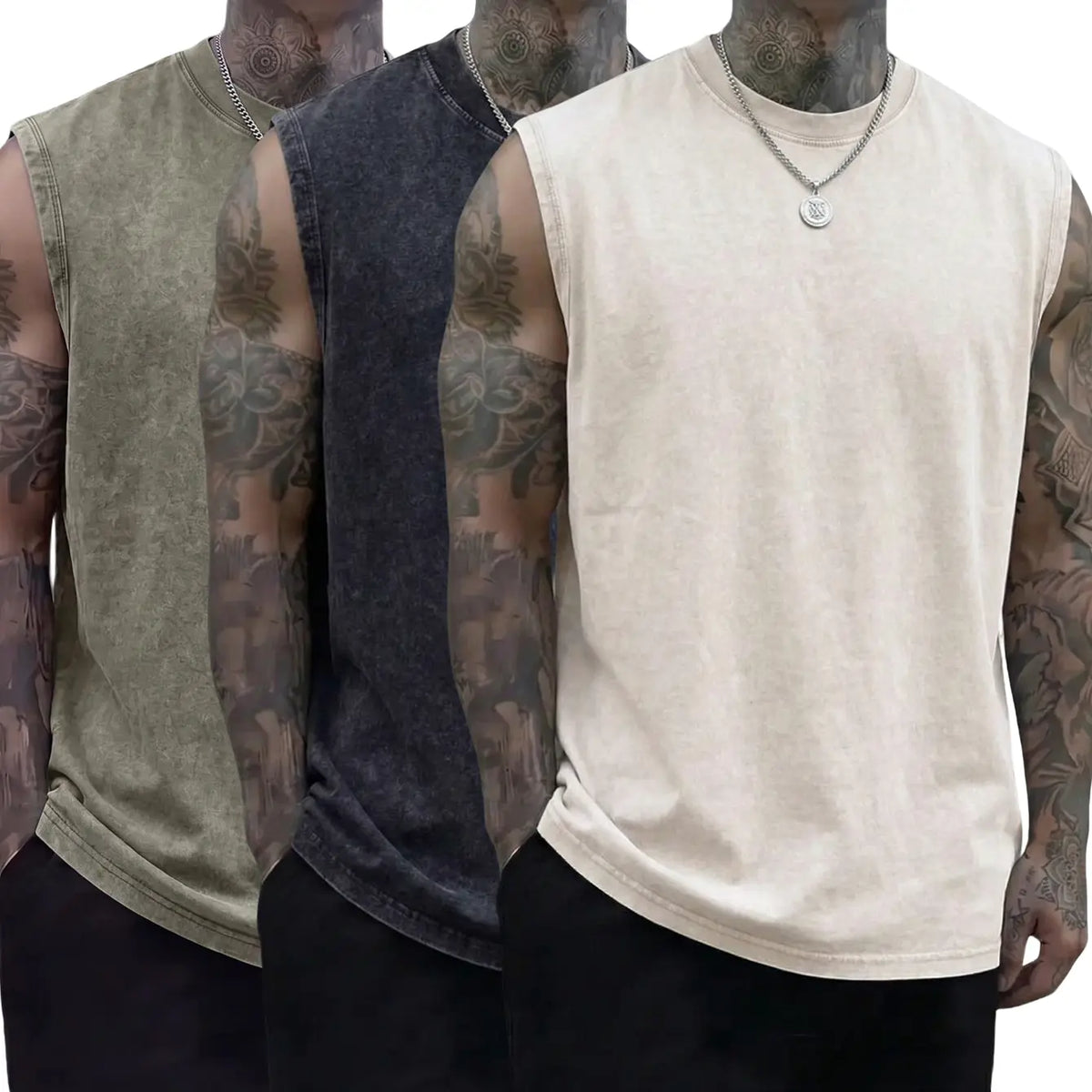 Men’s 3-Pack 230g Full Cotton Heavyweight Mock Neck Sleeveless Undershirts - Casual Vintage Clothing, Muscle Tee Vests, Athletic Sleeveless Vests, Loose Fit Solid Color Skin-Friendly Unisex Retro Tank Tops, Machine Washable, Suitable for Sports