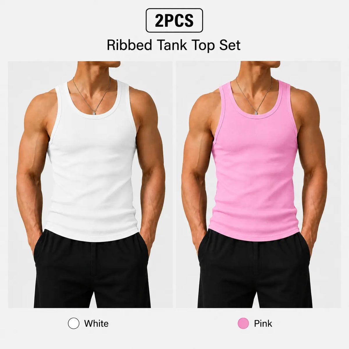 Summer men’s 2-pack anti-crease, no-bulge, high-stretch sleeveless U-neck tank tops—colorfast, wear-resistant, non-pilling, shape-stable—suitable for everyday, indoor, and sports casual wear.