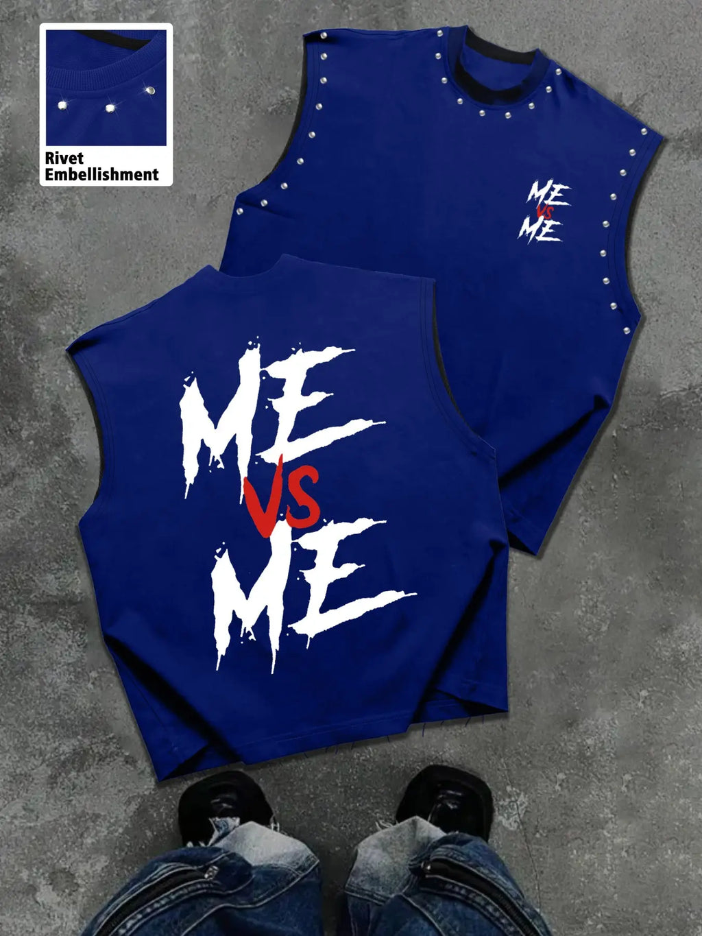 Men's Casual Sleeveless T-Shirt, Comfortable Me Vs Me Graphic Streetwear Tank Top, Trendy Design Top, Menswear, Round Neck, Streetwear Graphic Print