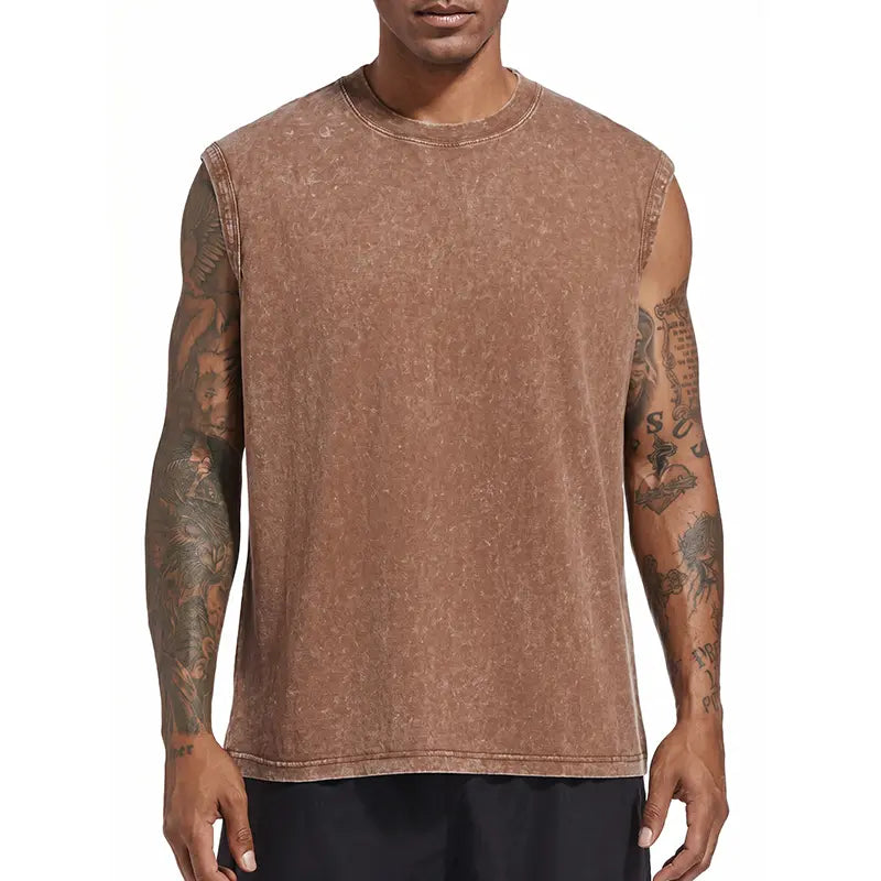 Men's Fashion Washed Pure Cotton Crew Neck Sleeveless Tank Tops, Breathable Moisture-Wicking Vest for Summer Outdoor Sports, Casual Outings
