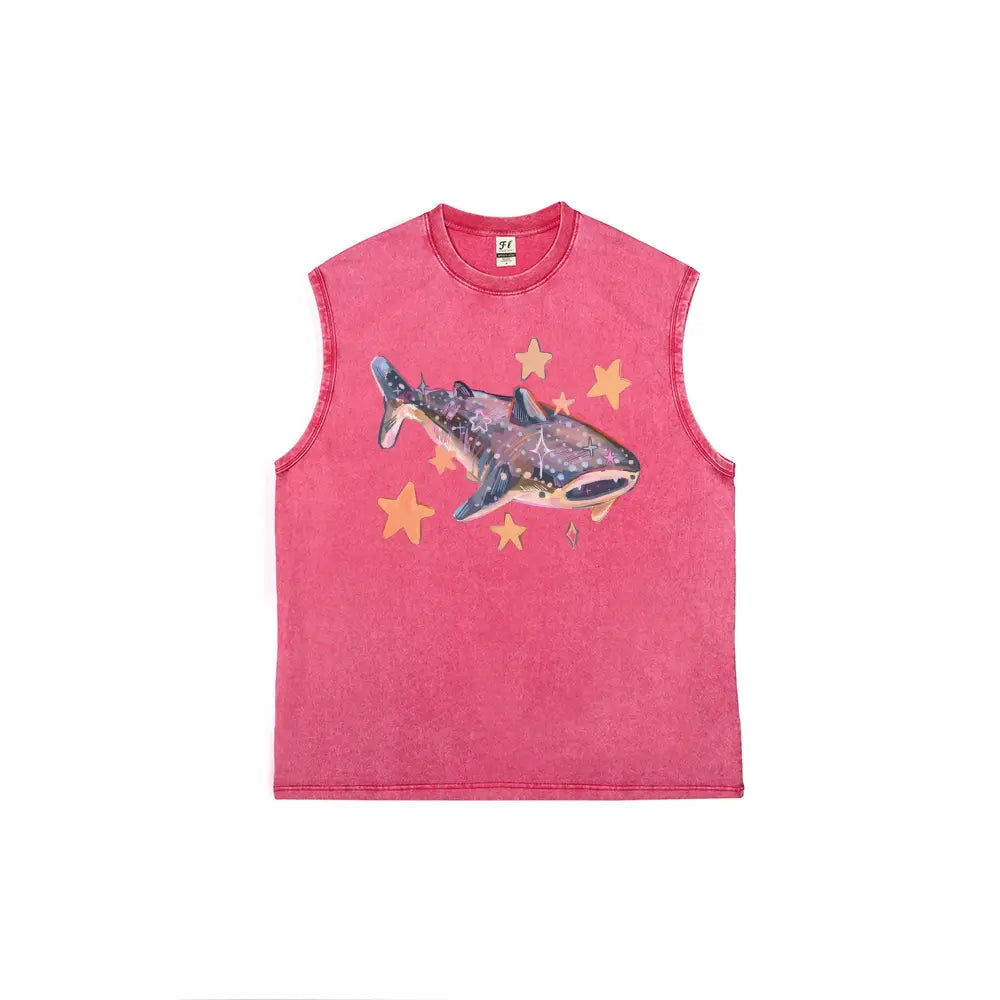 Starry fairy tale aesthetic Dreamlike Whale shark Marine organisms Unisex Plus Size Summer Graphic Tees Personalized Pattern Y2k Clothing Round Neck Short-Sleeved Washed Vests,Women's Clothing 100% Cotton, Menswear, Top, Vintage Style, Casual Oversized