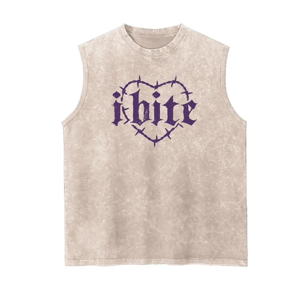 Men's "I Bite" Graphic Tank Top - 100% Cotton Vintage Washed Distressed Sleeveless Goth Streetwear, Soft Breathable Loose Fit Sarcastic Apparel, Casual Retro Alt Clothes Menswear, Tank Tops