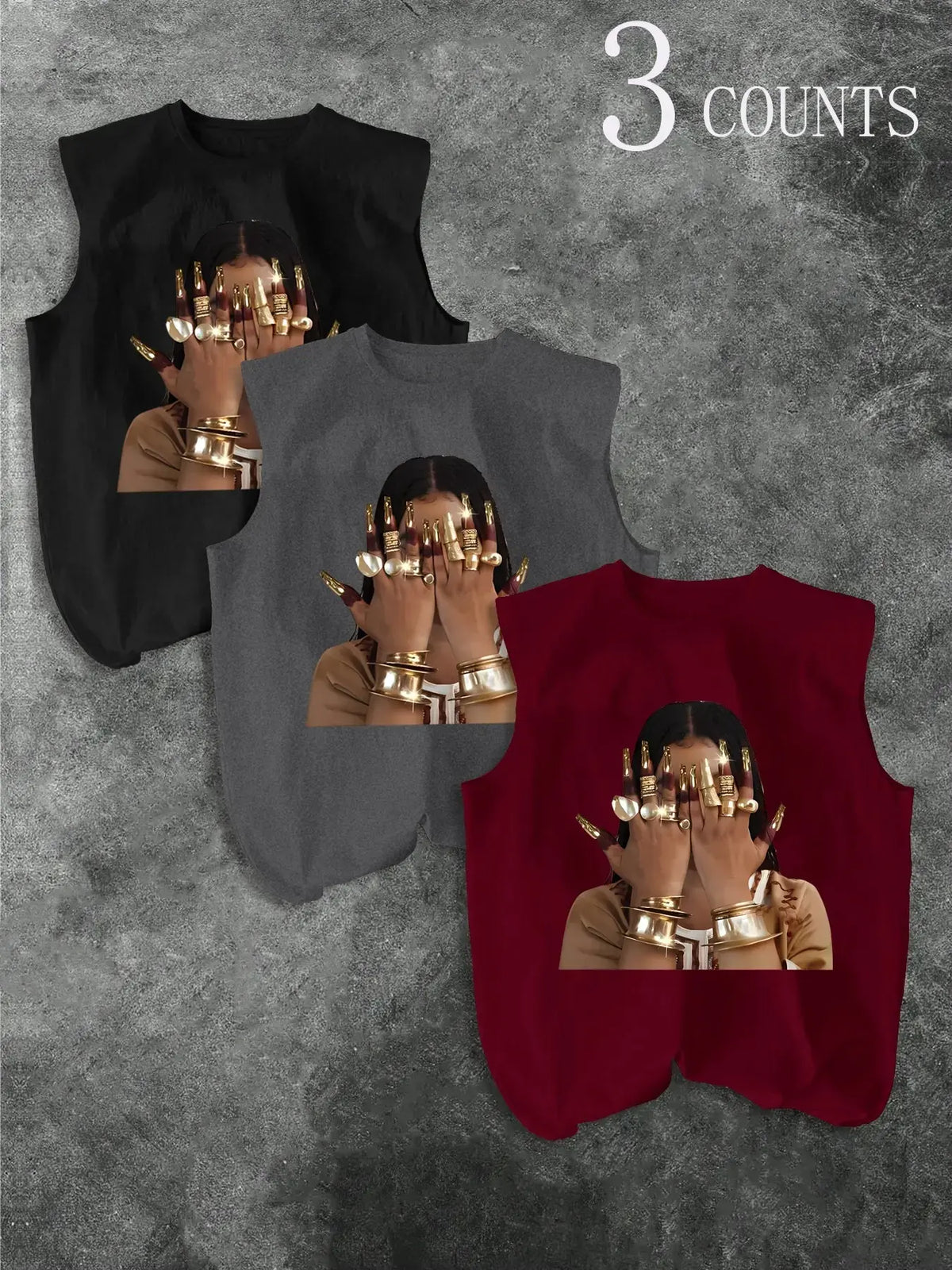 Men's Three-Piece Trendy Casual Oversized Loose Sleeveless Vest Set, Face-Wiping Woman Graphic Print, Perfect for Summer Clothes, Vacation, Friend Gatherings