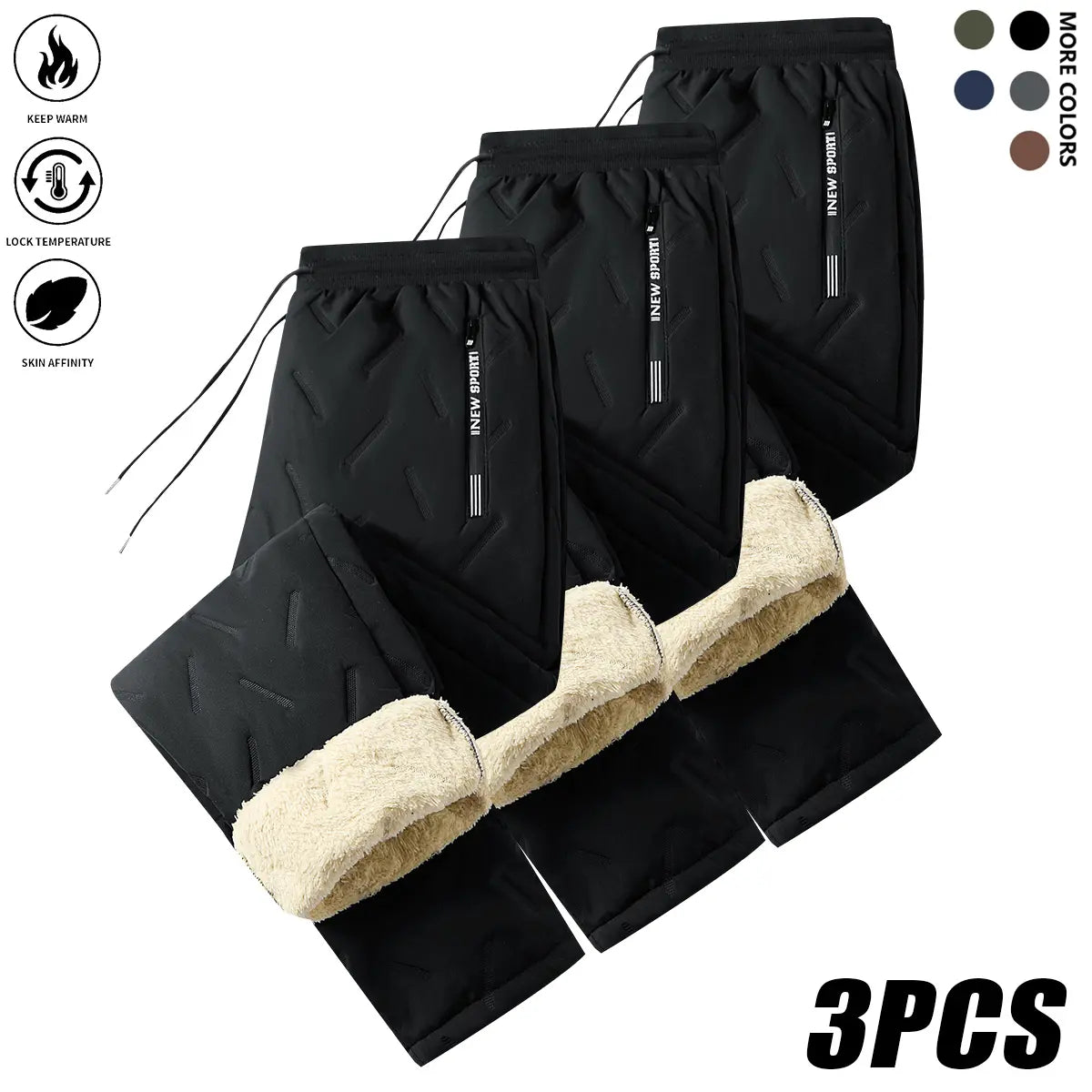Men’s 3-Pack Fleece-Lined Plain Full-Length Solid Thermal Pants - Low-Rise Elastic Waistband with Drawstring, Zippered Pockets, Machine-Washable Woven Casual Menswear for Under-Layer Warmth