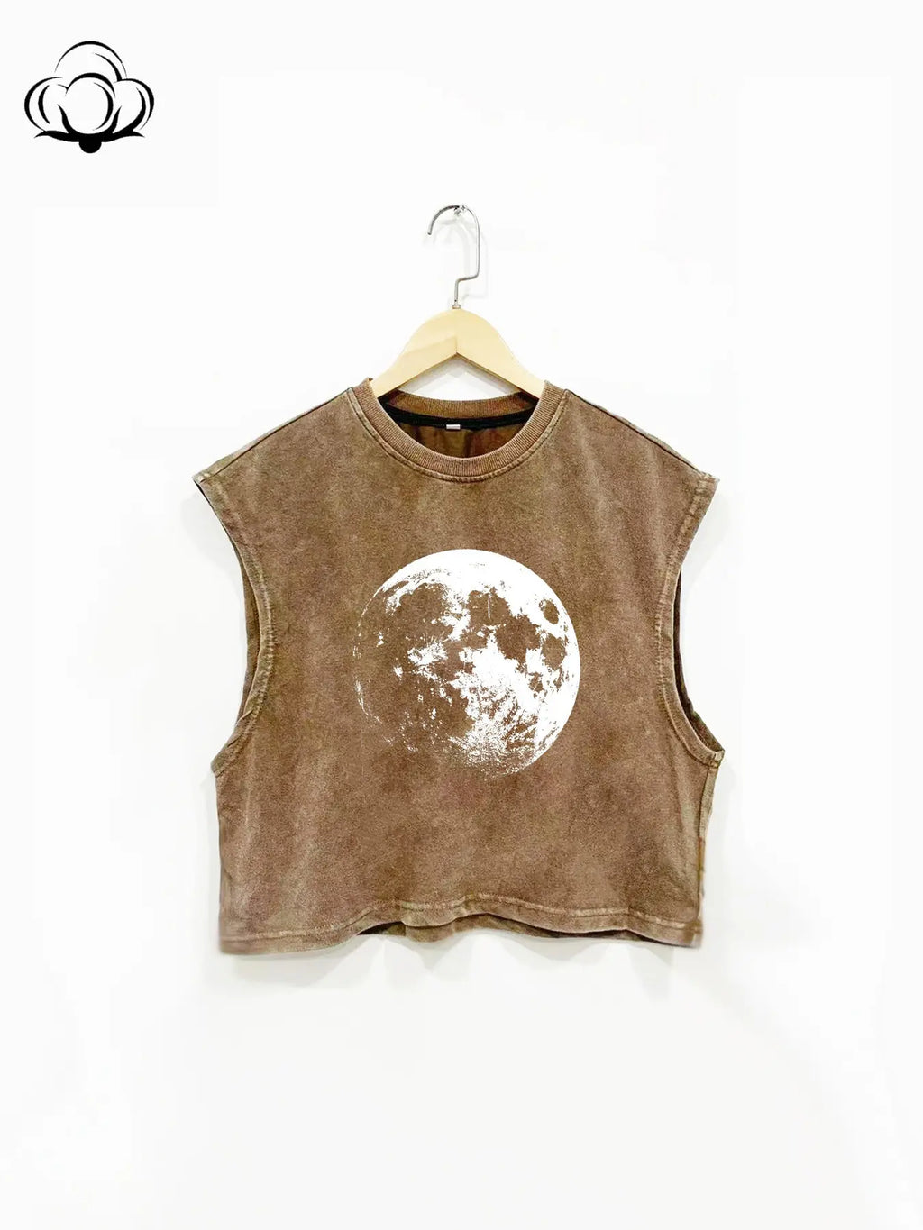 New Summer Short Round Neck Loose Fit Sleeveless Tank Top, Moon Planet Print, Unisex, Wide Arm Design, Pair with Bralette