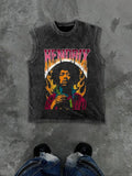 Men's Graphic Sleeveless Vest Tops, Oversized Washed Look, Casual Fitted Streetwear, Rock Style, American Street Fashion