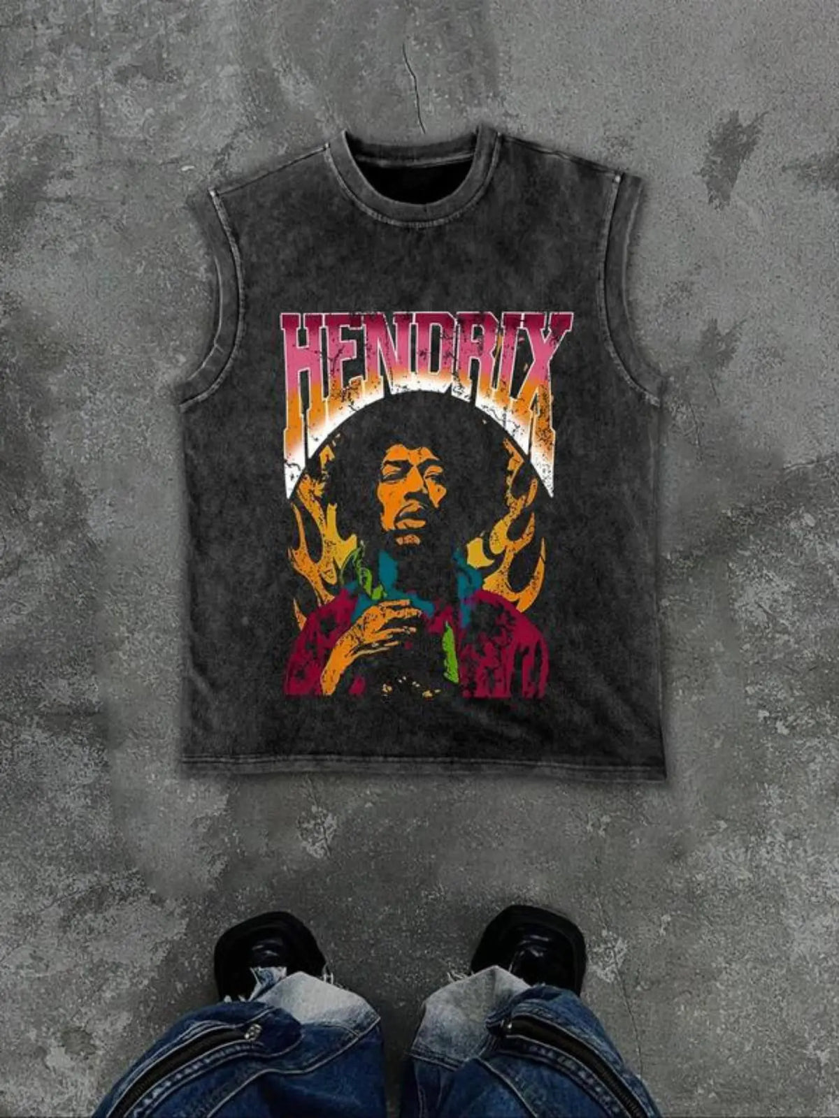 Men's Graphic Sleeveless Vest Tops, Oversized Washed Look, Casual Fitted Streetwear, Rock Style, American Street Fashion