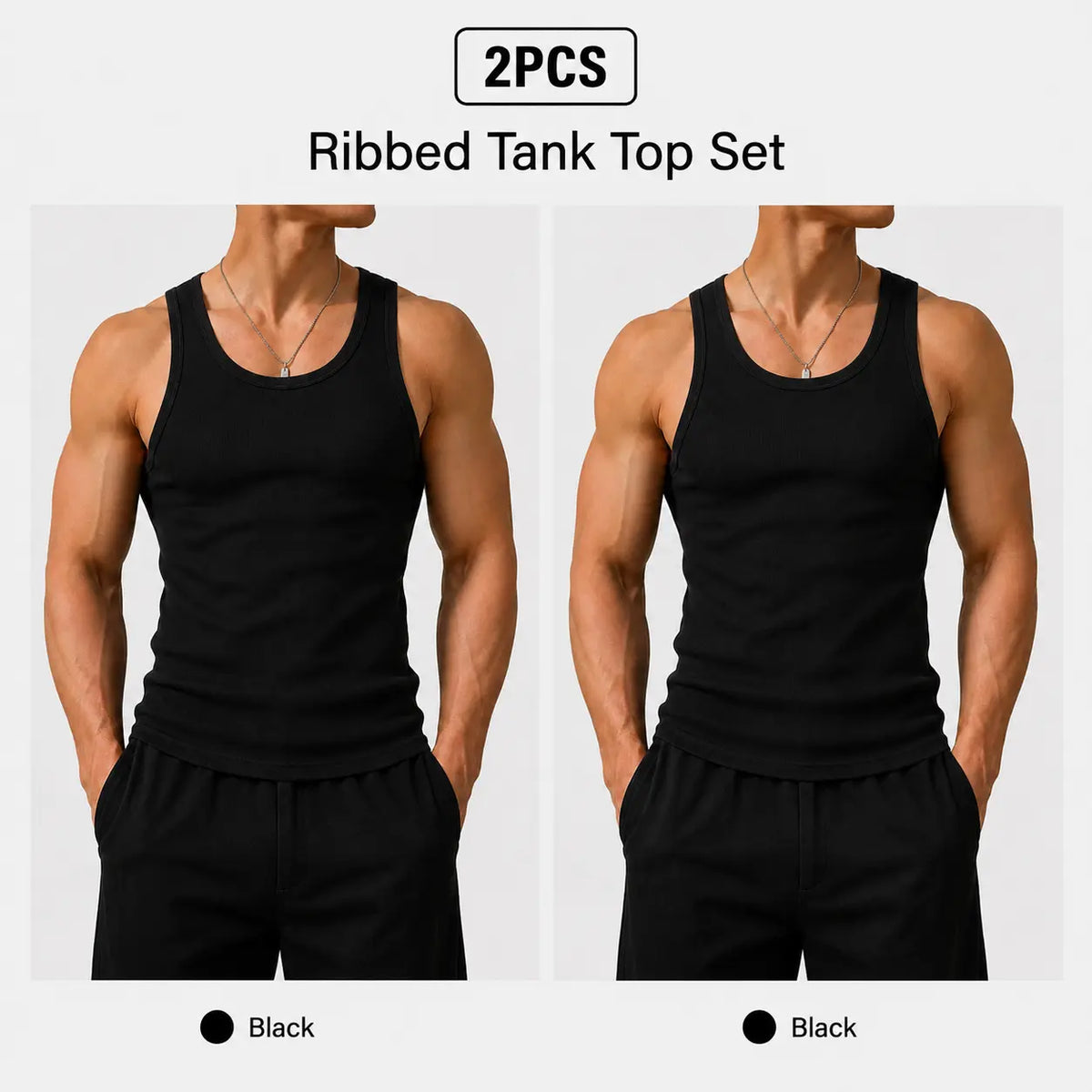 Summer men’s 2-pack anti-crease, no-bulge, high-stretch sleeveless U-neck tank tops—colorfast, wear-resistant, non-pilling, shape-stable—suitable for everyday, indoor, and sports casual wear.