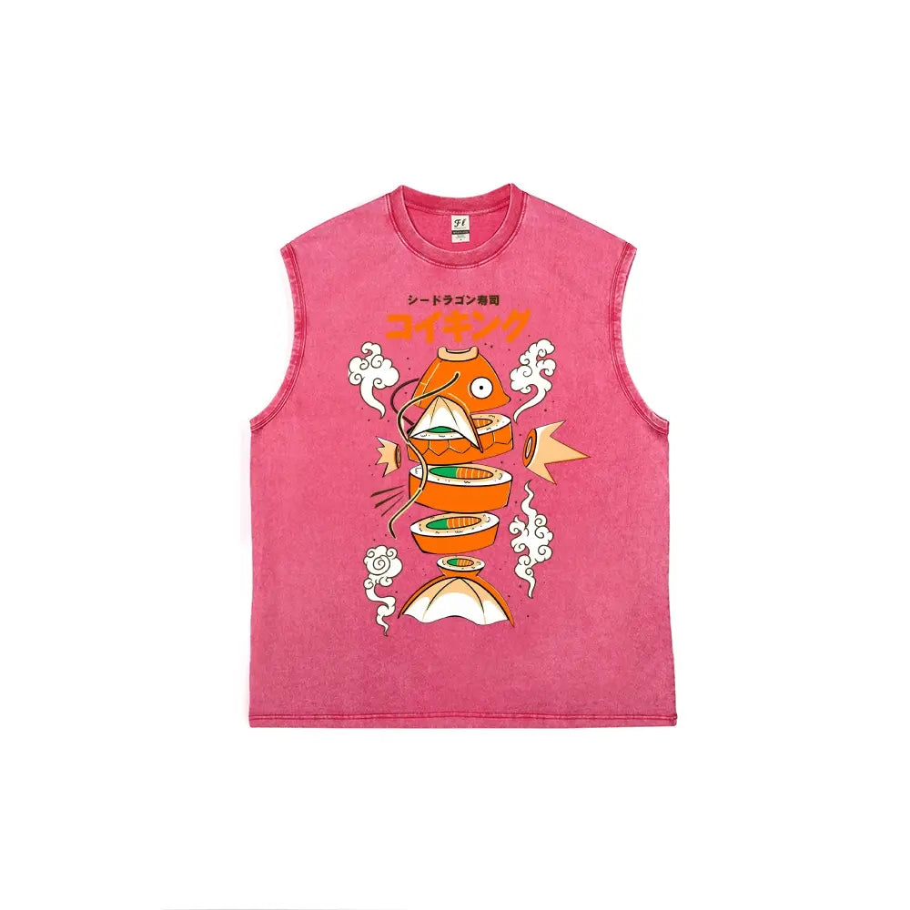 Men's Vintage Graphic Tank Top with Japanese Sushi Print - Distressed 100% Cotton Streetwear, Loose Fit & Breathable Fabric