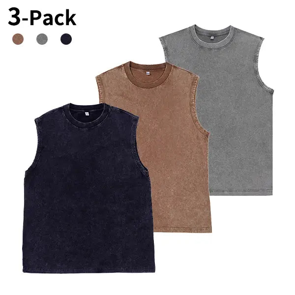 3-Pack Vintage Acid Wash Tank Tops - Heavyweight Cotton Sleeveless Streetwear T-Shirts, Unisex