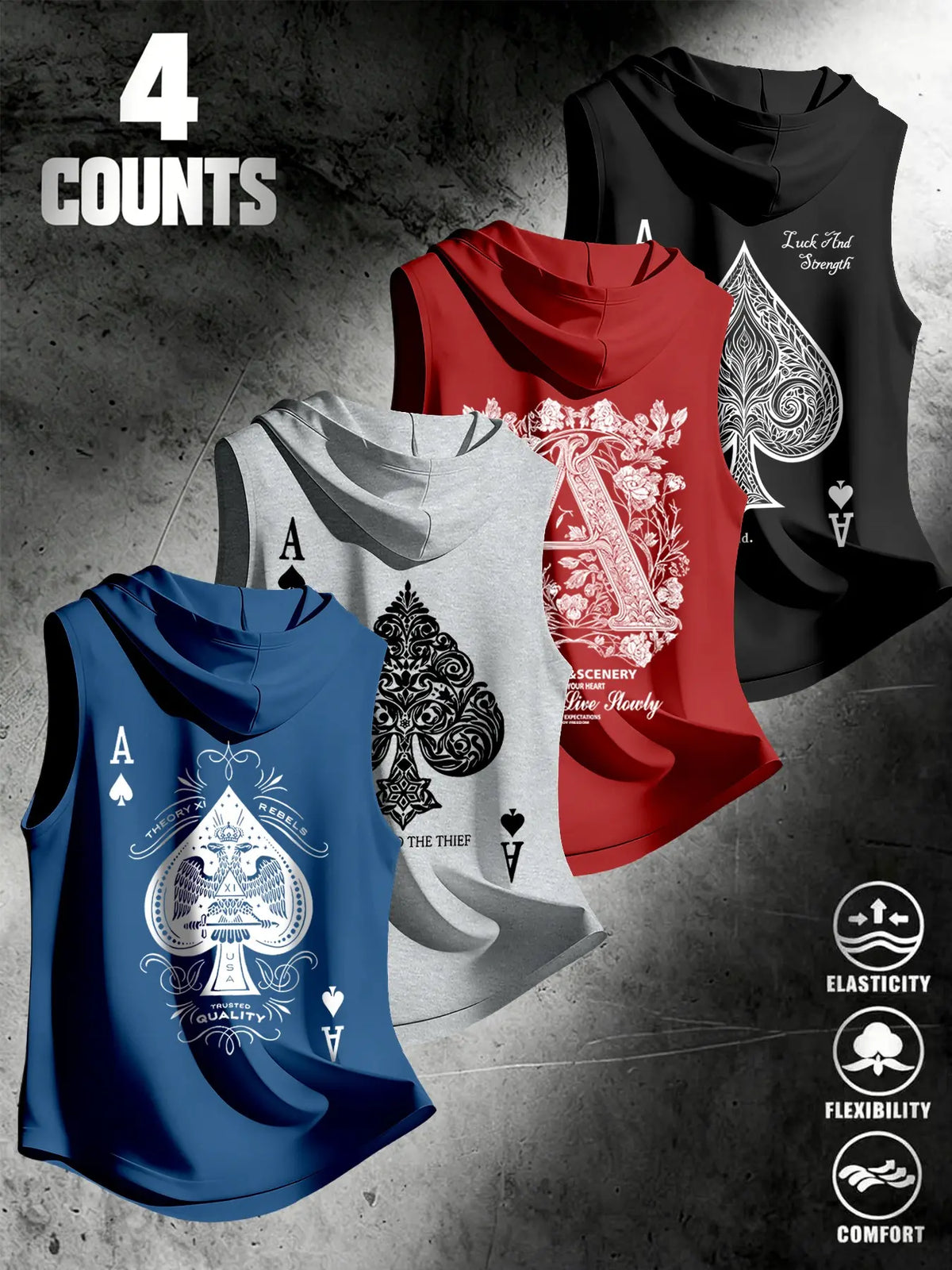 4 Piece Set Men's Streetwear Hooded Sleeveless Clothes Tank Tops, Urban Street Tank, Ace Dark Style, Loose Fit, Multi-Color, Casual Fitness Wear, Stylish Tank Tops