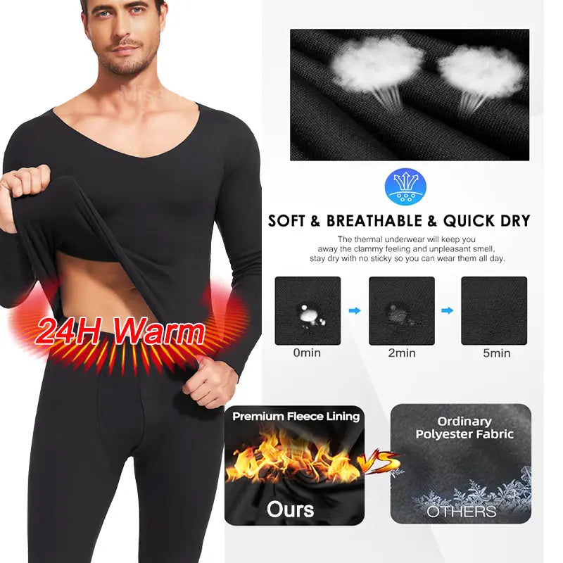 Cattibor Men's 2-Piece Thermal Underwear Set - Menswear Plain Soft Stretch Fabric Base Layer, Fleece-Lined V-Neck Top & Leggings for Winter Outdoor Gym Activities