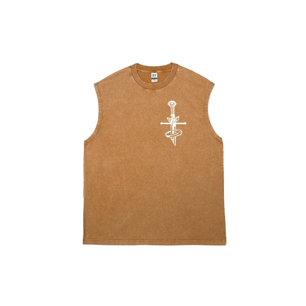 Men's Vintage Double-Sided Graphic Tank Top - 100% Cotton Retro Streetwear Washed Vest, Breathable Relaxed Fit for Casual Wear