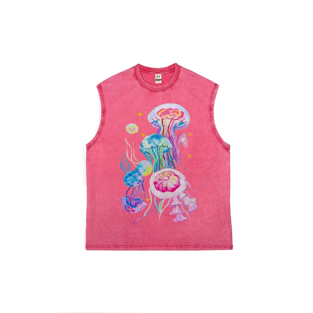 Men's Retro Streetwear Vintage Washed Cotton Fabric Tank Top - Breathable Sleeveless Cargo Graphic Vest with Colorful Watercolor Jellyfish & Stars Print