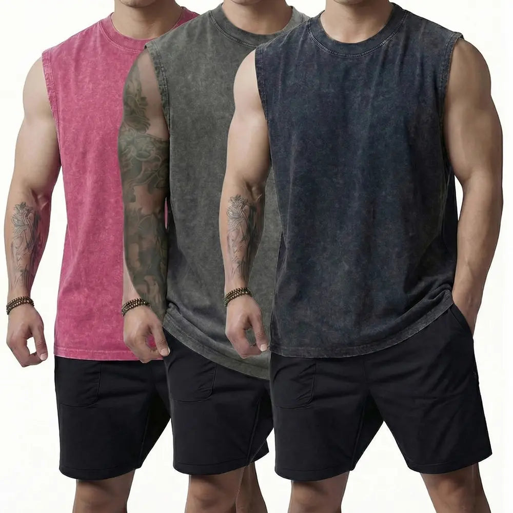 Men's 3-Pack Pure Cotton Retro Washed Baggy Casual Vests - Loose Fitting, Round Neck, Sleeveless, Sleeveless Freedom, Plain, Sporty Chic, Minimalist, Comfortable, Black+Gray+Apricot, Menswear Essentials for Workout, Outdoors