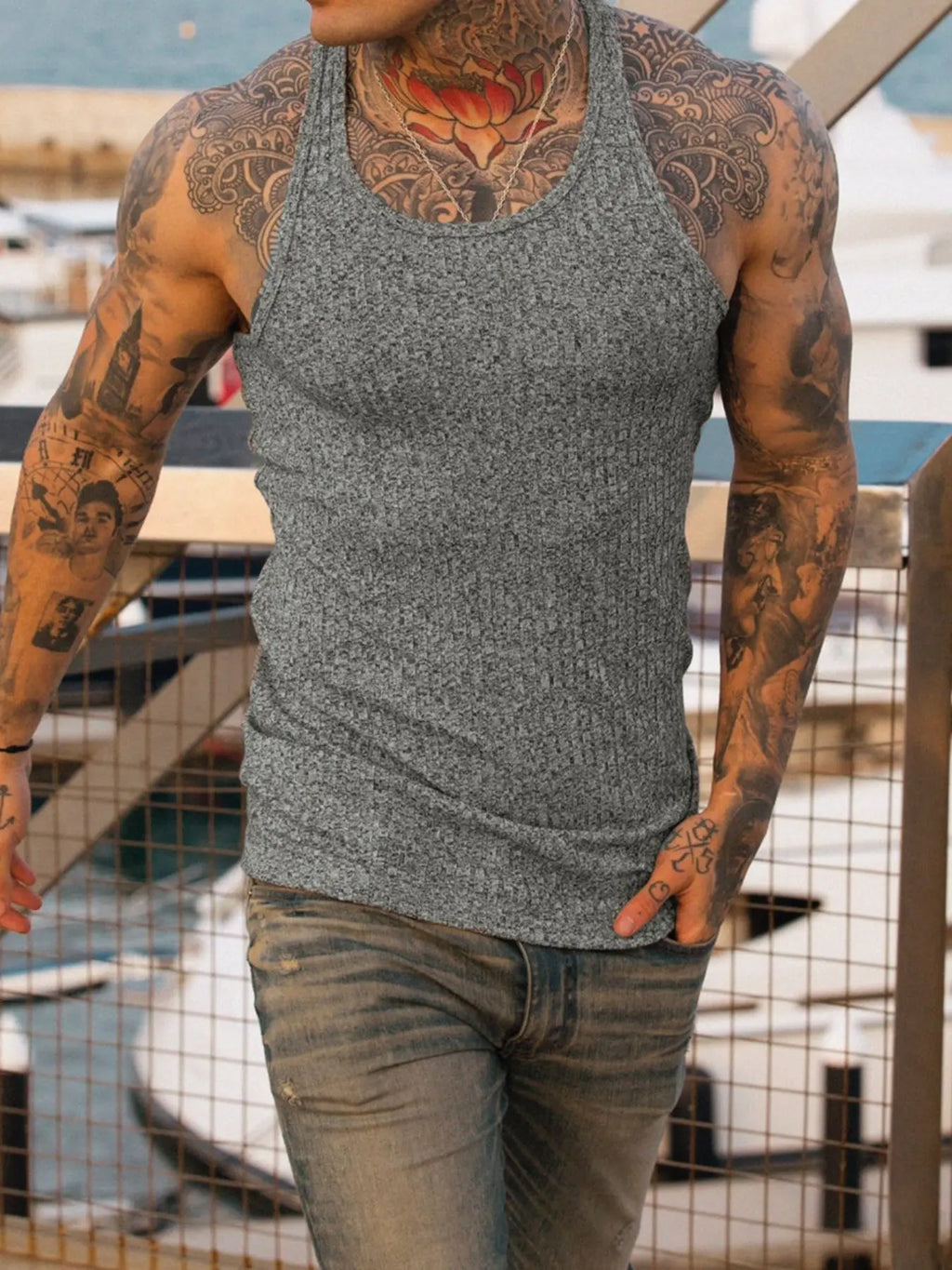 Men's Vertical Stripe Ribbed Knit Round Neck Vest, Muscle Tank Top, Sleeveless Tee, Tight Fit Casual for Summer Fitness, Ideal as an Inner Layer or Worn Alone, Striped, Knitted Vest