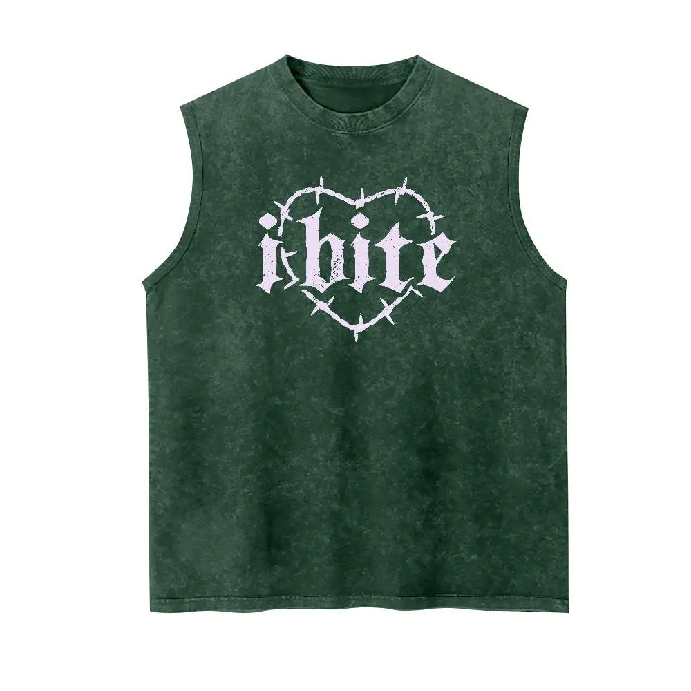 Men's "I Bite" Graphic Tank Top - 100% Cotton Vintage Washed Distressed Sleeveless Goth Streetwear, Soft Breathable Loose Fit Sarcastic Apparel, Casual Retro Alt Clothes Menswear, Tank Tops