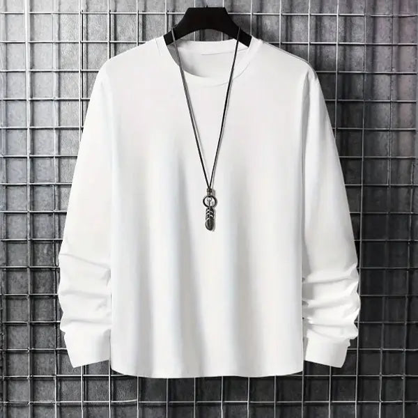 Men's Pure Cotton Soft Knit Thermal Crew Neck Long-Sleeve Shirt - Solid Plain, Warm, Casual Pull-On Pullover Top
