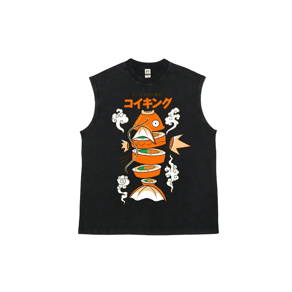 Men's Vintage Graphic Tank Top with Japanese Sushi Print - Distressed 100% Cotton Streetwear, Loose Fit & Breathable Fabric