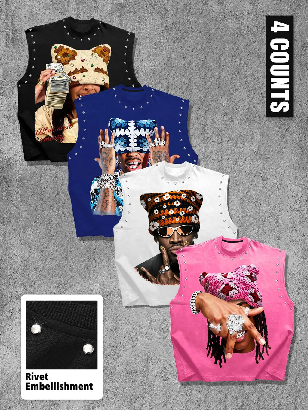 Men's Casual 4-Piece Tank Top Set, Sleeveless High Street Graphic Portrait Print, Regular Fit, Trendy and Comfortable, Perfect for Daily Wear, Sleeveless Tanks