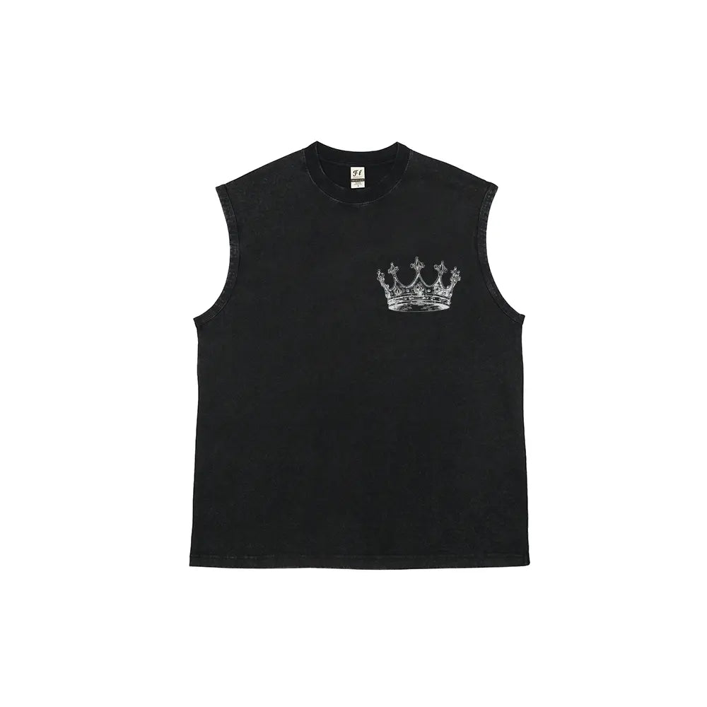 Men's Vintage Washed Loose Soft Breathable Fabric Graphic Tank Top, Christian Crown Print Unisex Oversized Cotton Vest Streetwear