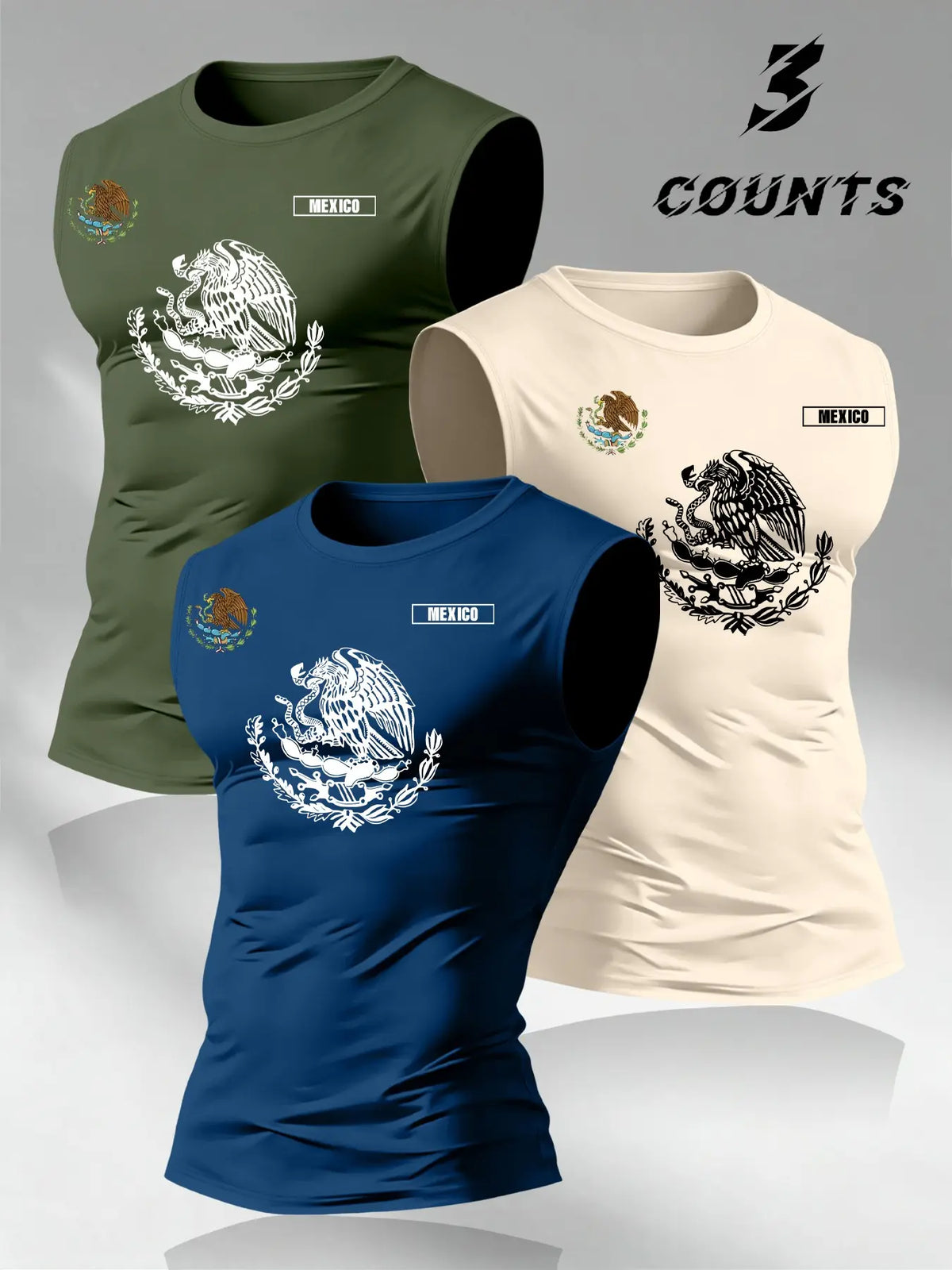 American Vintage Mexican Graphic Print Men's Tank Tops, 3-Pack Round Neck Sleeveless Tees, Trendy Tops for Memorial Day Apparel, Classic