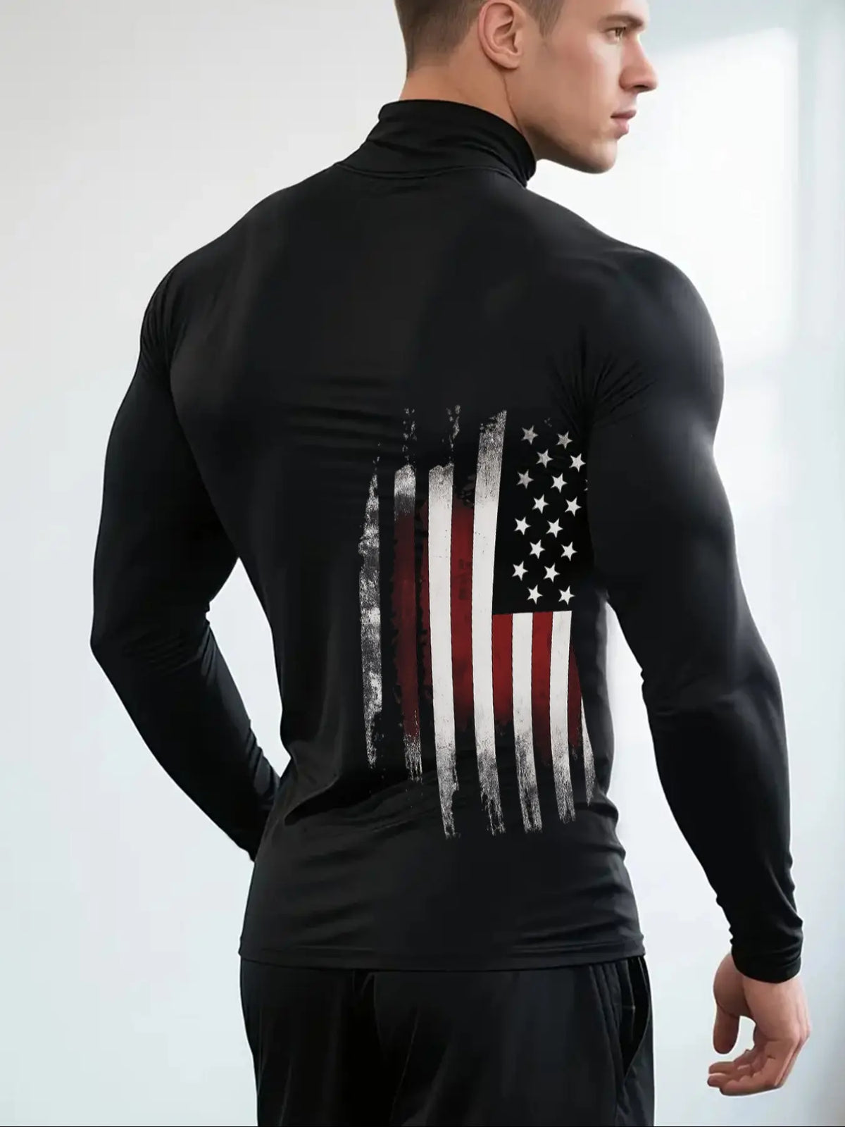 Men's High Neck Long Sleeve Slim Fit Fitted Warm Graphic Top, Casual Winter Wear, Moderate Fabric Thickness, Perfect for Cold Weather
