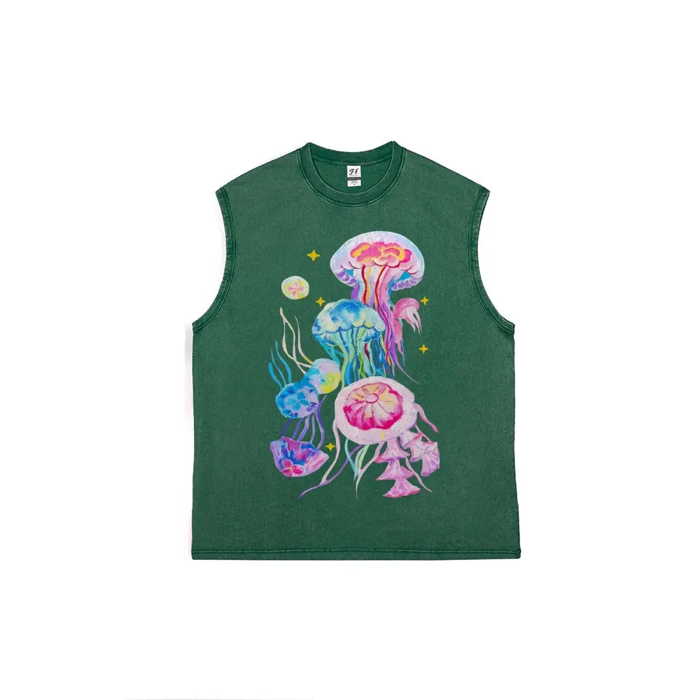 Men's Retro Streetwear Vintage Washed Cotton Fabric Tank Top - Breathable Sleeveless Cargo Graphic Vest with Colorful Watercolor Jellyfish & Stars Print