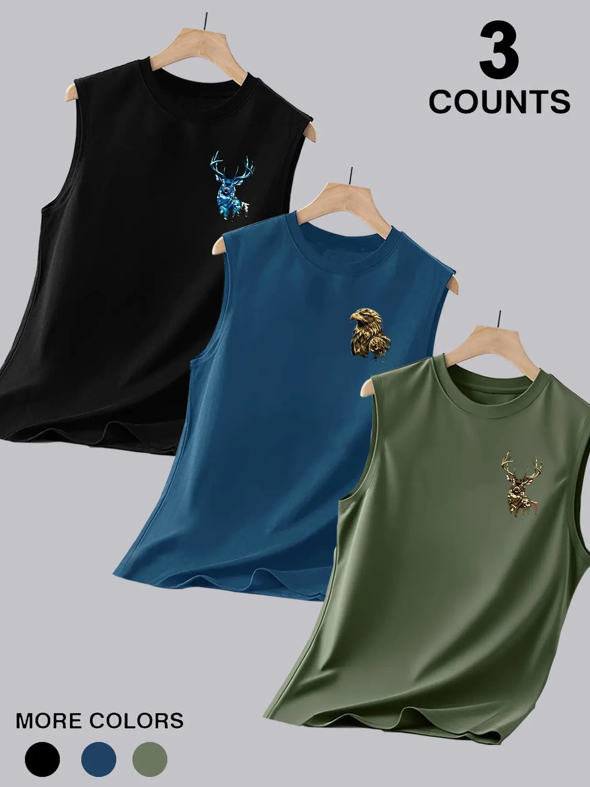 3-Pack Men's Crew Neck Sleeveless Muscle Tank Tops, Double-Sided Printed with Distressed Camo Wildlife Eagle Vintage American Flag Graphics, Ideal for Outdoor Hunting, Workout, Camping & Daily Wear