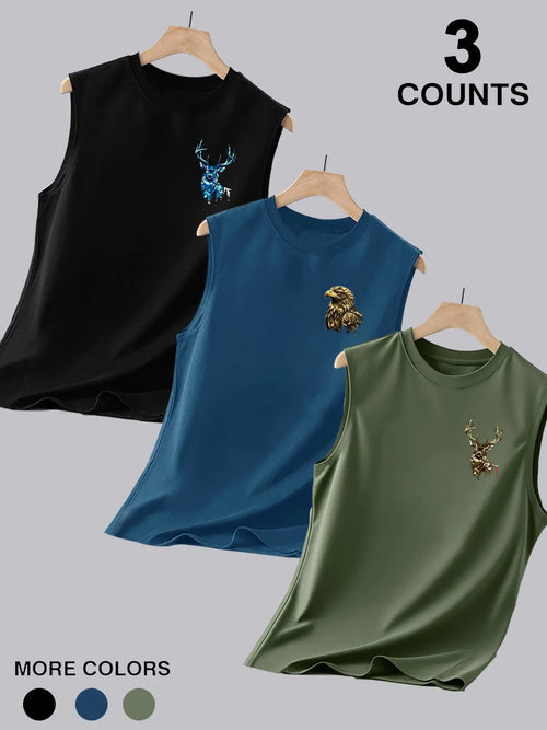 3-Pack Men's Crew Neck Sleeveless Muscle Tank Tops, Double-Sided Printed with Distressed Camo Wildlife Eagle Vintage American Flag Graphics, Ideal for Outdoor Hunting, Workout, Camping & Daily Wear