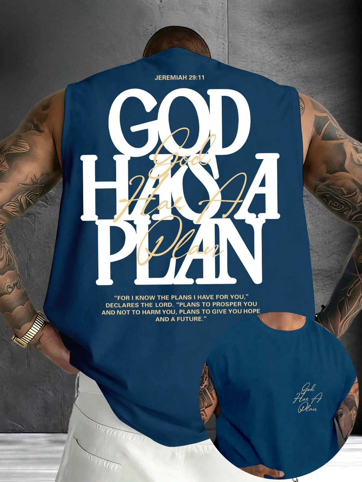 Men's "God Has A Plan" Graphic Sleeveless Shirts Print Urban Street Tank Top, Casual Christian Streetwear Vest, Faith Inspired Tee #GodHasAPlan #ChristianTankTop #FaithBasedStreetwear #ReligiousPrintTank #TikTokMadeMeBuyIt
