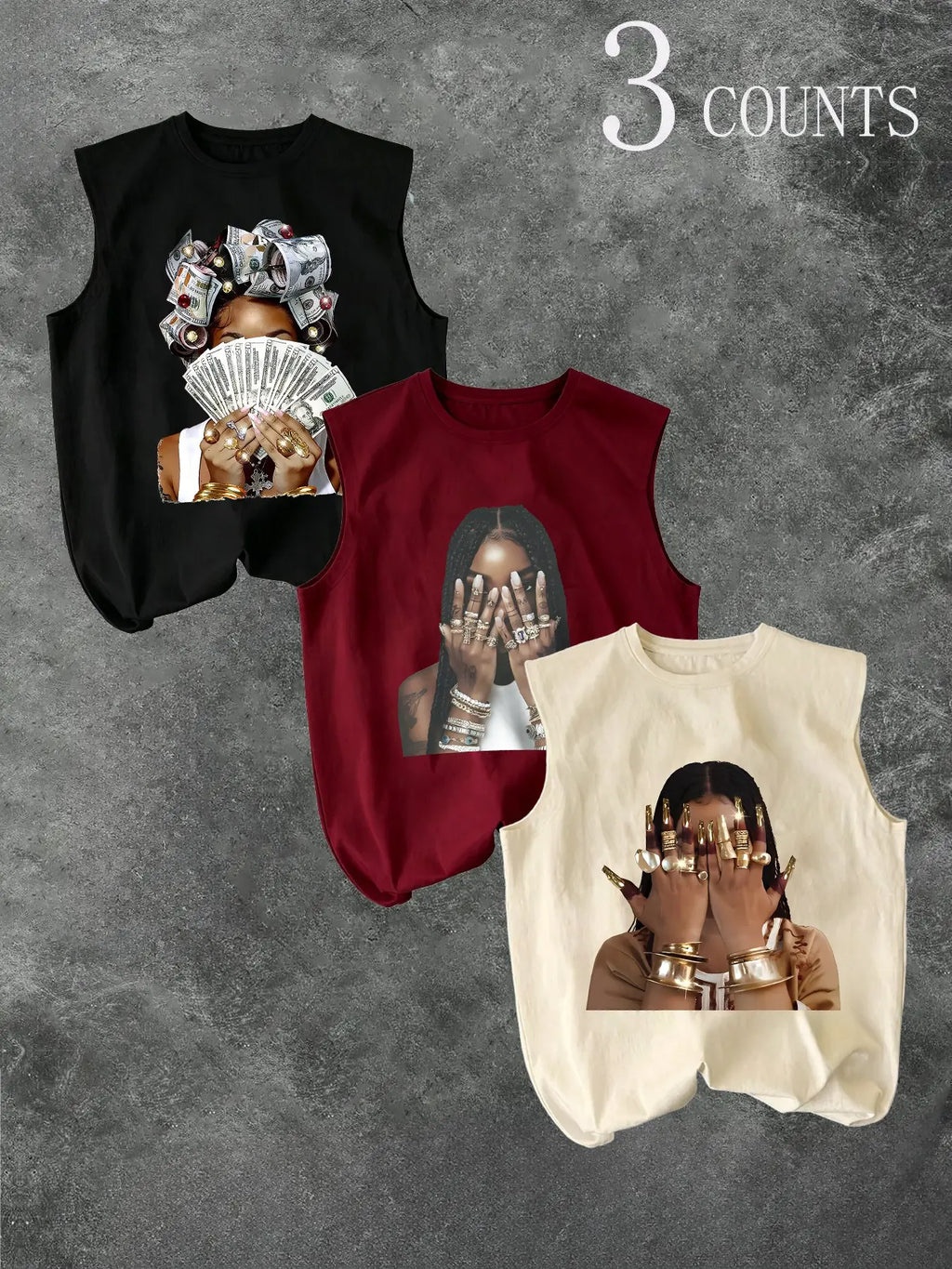 Men's Three-Piece Trendy Casual Oversized Loose Sleeveless Vest Set, Face-Wiping Woman Graphic Print, Perfect for Summer Clothes, Vacation, Friend Gatherings