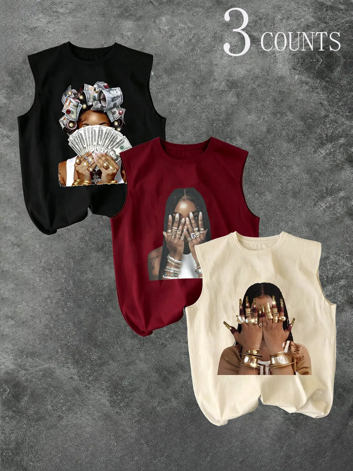 Men's Three-Piece Trendy Casual Oversized Loose Sleeveless Vest Set, Face-Wiping Woman Graphic Print, Perfect for Summer Clothes, Vacation, Friend Gatherings