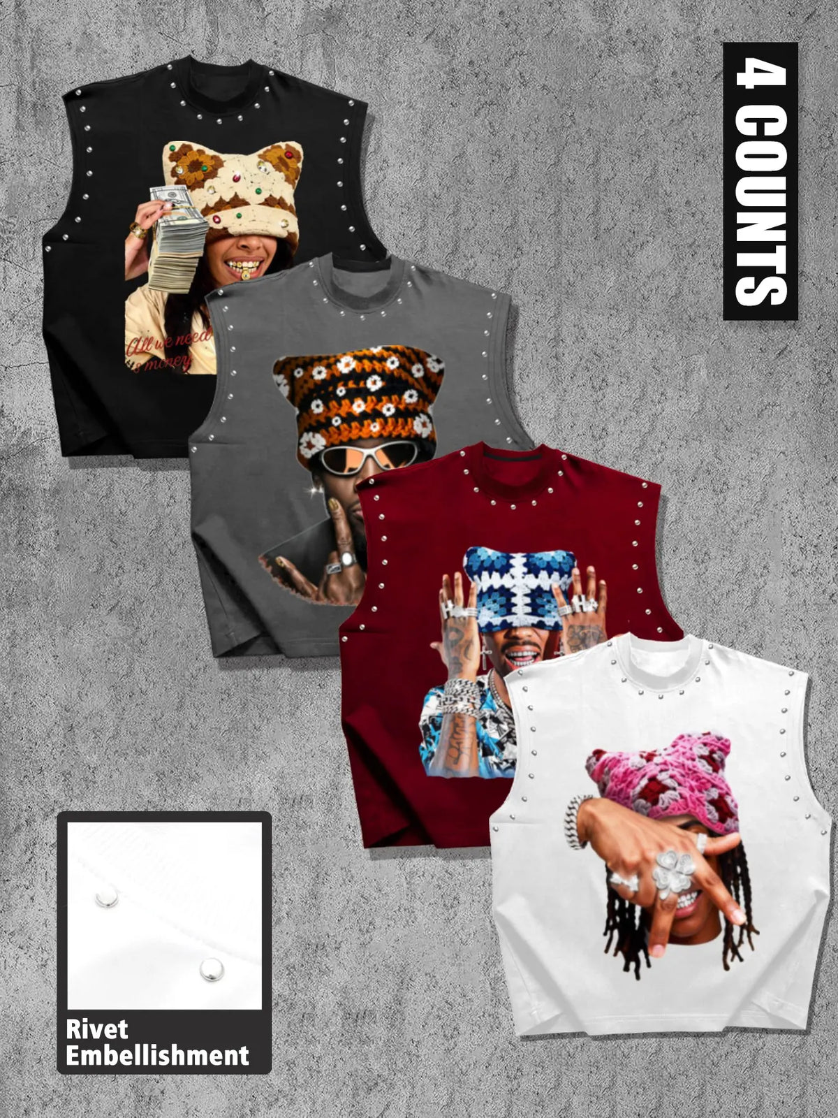 Men's Casual 4-Piece Tank Top Set, Sleeveless High Street Graphic Portrait Print, Regular Fit, Trendy and Comfortable, Perfect for Daily Wear, Sleeveless Tanks