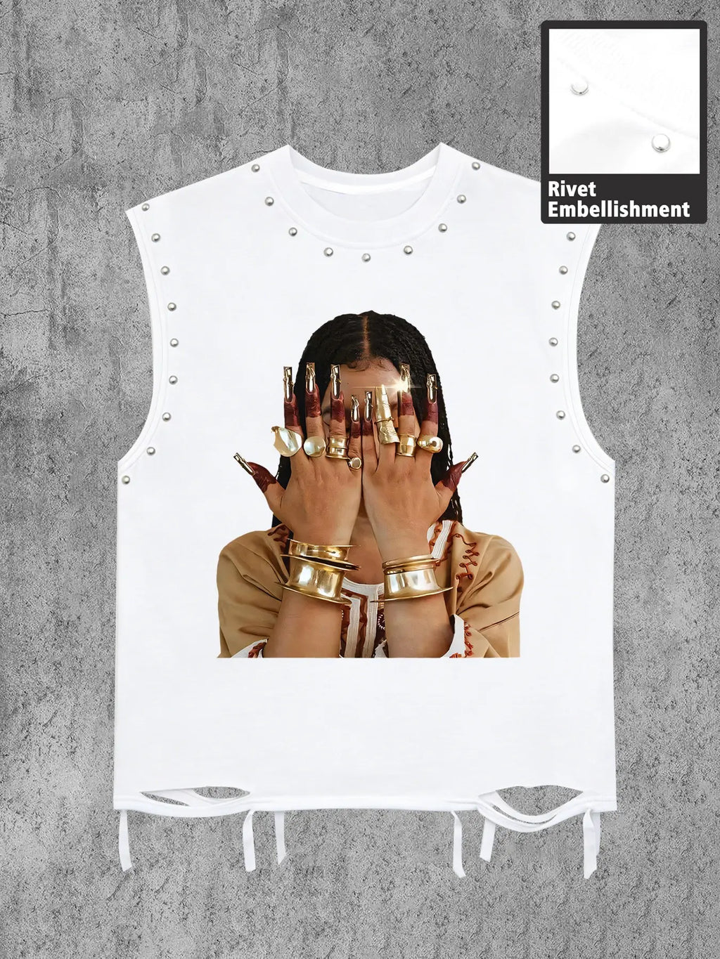 Men's Round Neck Sleeveless Casual Vest, Graphic Print + Stud Design Ripped Hem, Loose-Fitting Short Shoulder Tank Top, Sleeveless Tanks for Spring Summer, Menswear