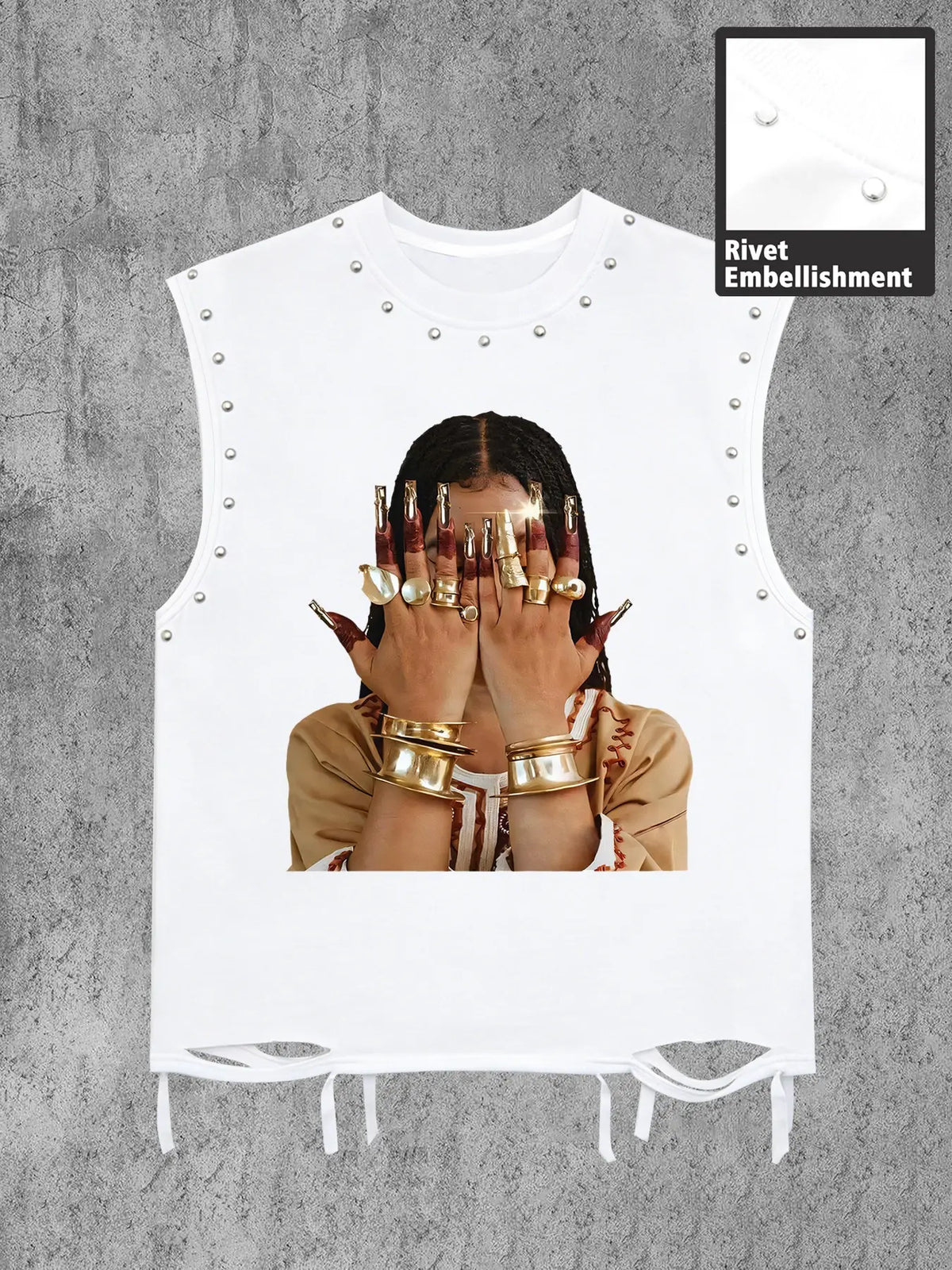 Men's Round Neck Sleeveless Casual Vest, Graphic Print + Stud Design Ripped Hem, Loose-Fitting Short Shoulder Tank Top, Sleeveless Tanks for Spring Summer, Menswear